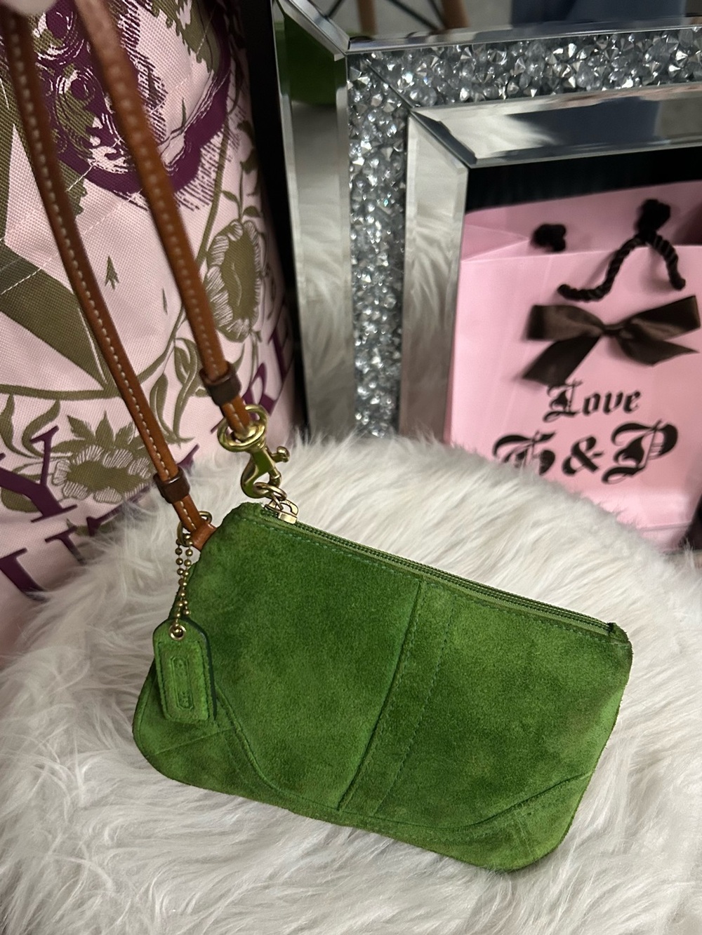 Y2K Vintage Coach Rare Green Suede Wristlet with Hangtag